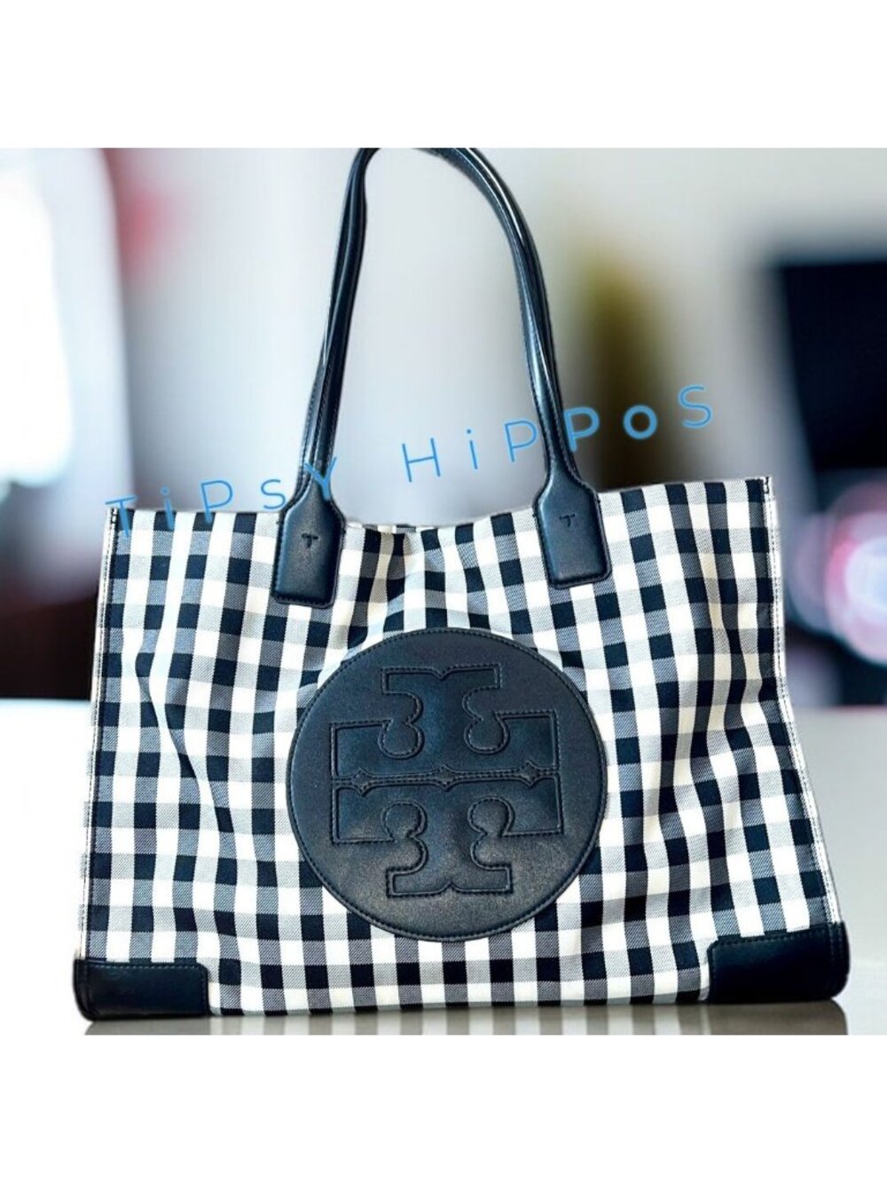 Tory Burch Black and White Checkered Piper Ella Bombe Tote 9965-2